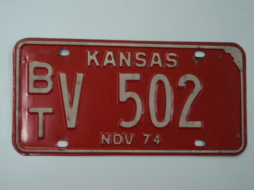 1974 KANSAS License Plate BT V 502