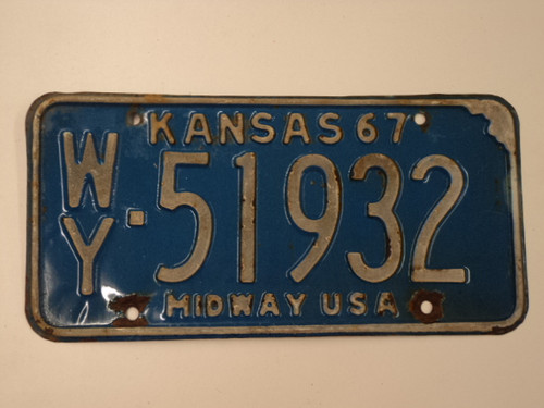 1967 KANSAS Midway USA License Plate WY 51932