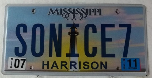 2011 July Mississippi Vanity License Plate SONICE7