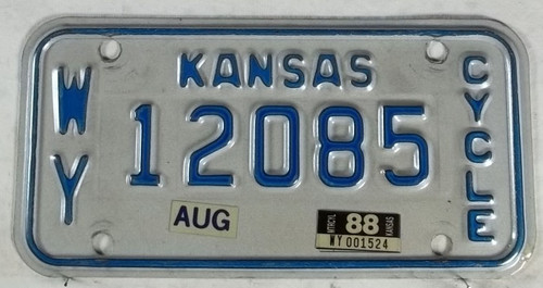 1988 Aug Wyandotte Co Kansas Motorcycle License Plate 12085