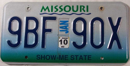 January 2010 Missouri License Plate 9BF-90X