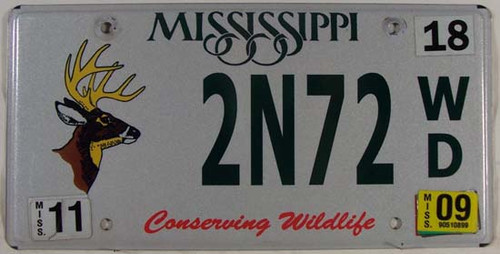 2009 Mississippi Wildlife License Plate 2N72 WD