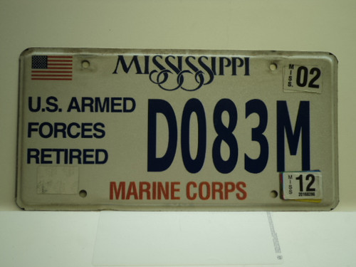 2012 MISSISSIPPI US MARINE CORP License Plate D083M