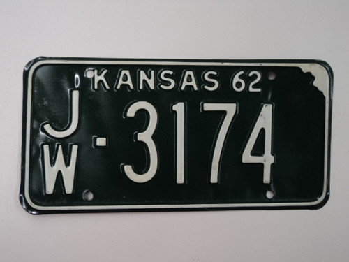 1962 KANSAS License Plate JW 3174