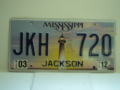 2012 MISSISSIPPI Lighthouse License Plate JKH 720