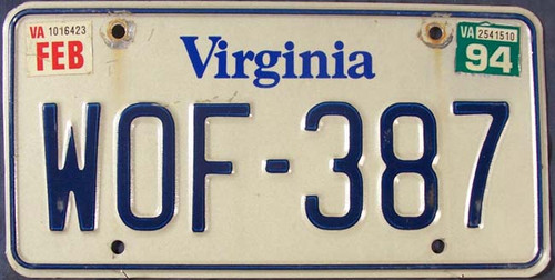 1994 Feb Virginia WOF-387 License Plate