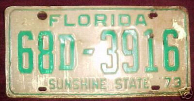 1973 Florida License Plate 68D3916