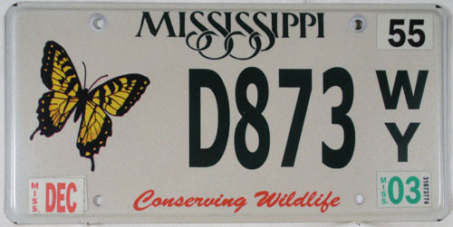 2003 Dec Mississippi Butterfly License Plate D873