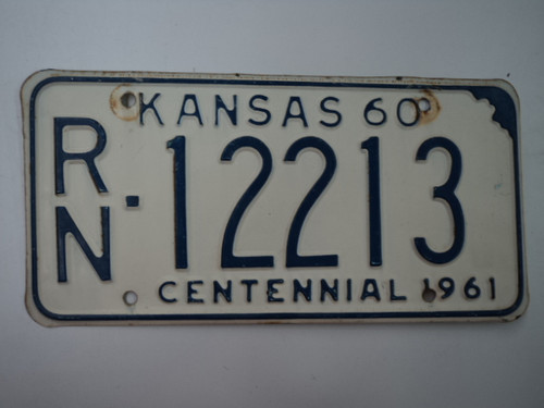 1960 KANSAS 1961 Centennial License Plate RN 12213