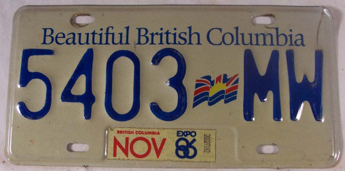 1986 Nov British Columbia License Plate 5403 MW