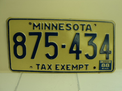 1988 MINNESOTA Tax Exempt License Plate 875 434