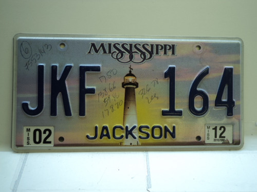 2012 MISSISSIPPI Lighthouse License Plate JKF 164