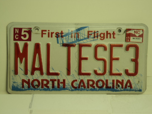 2012 NORTH CARLOLINA First in Flight License Plate MALTESE3