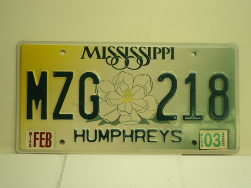 2003 MISSISSIPPI License Plate MZG 218