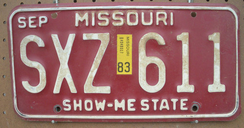 1983 Sep Missouri SXZ-611 License Plate DMV Clear YOM