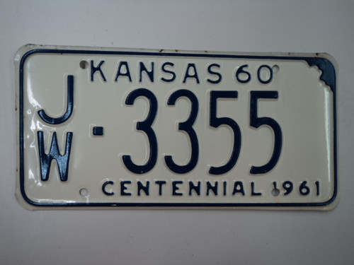 1960 KANSAS 1961 Centennial License Plate JW 3355