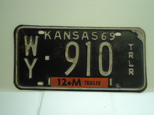 1969 KANSAS Trailer 12+M License Plate WY 910