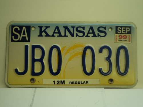 1999 KANSAS Truck 12M regular License Plate JB0 030