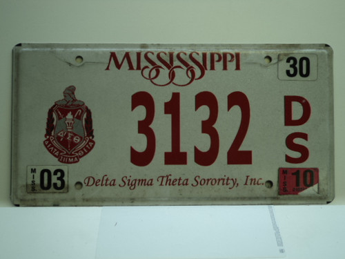 2010 MISSISSIPPI Delta Sigma Theta Sorority License Plate 3132 DS