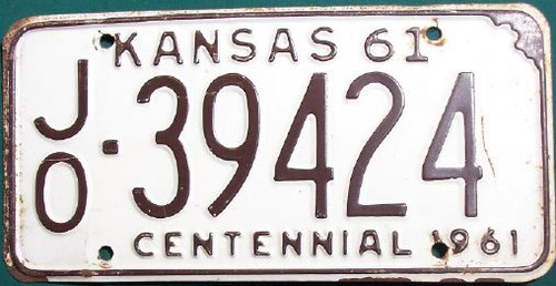 1961 Kansas Centennial License Plate JO-39424