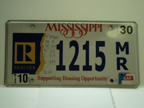 MISSISSIPPI Realtor Support License Plate 1215 MR