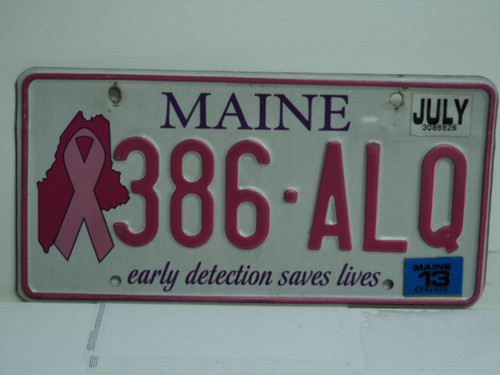 2013 MAINE Pink Ribbon Cancer Early Detection License Plate 386 ALQ