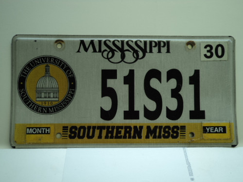 MISSISSIPPI Southern Miss University License Plate 51S31