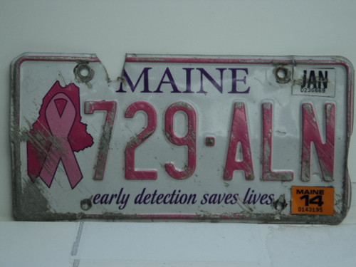 2014 MAINE Pink Ribbon Cancer Early Detection License Plate 729 ALN 1