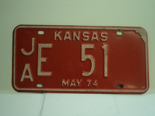 1974 KANSAS License Plate JA E 51