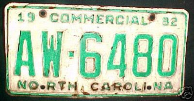1992 North Carolina AW-6480 Comm'l License Plate
