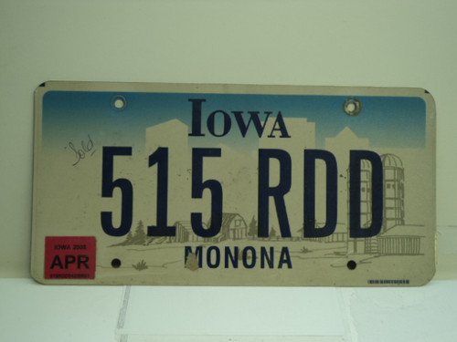 2008 IOWA License Plate 515 RDD
