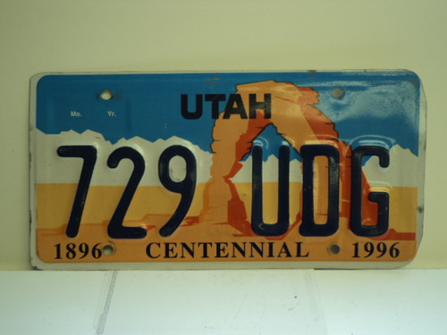 UTAH Centennial 1896 1996 License Plate 729 UDG