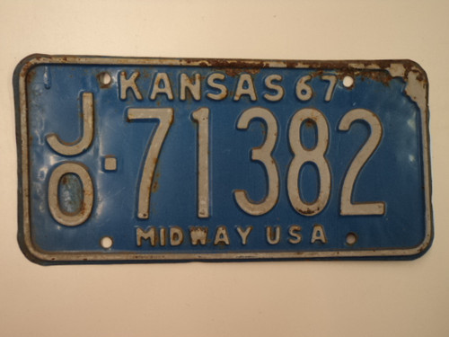 1967 KANSAS Midway USA License Plate JO 71382