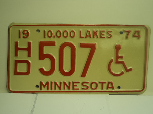 1974 MINNESOTA 10000 Lakes Handicapped License Plate HD 507 1