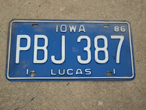 1986 IOWA License Plate PBJ 387
