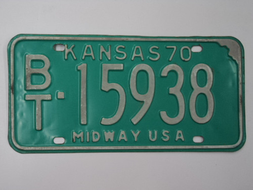 1970 KANSAS Midway USA License Plate BT 15938