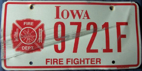 Iowa Fire Fighter License Plate 9721F