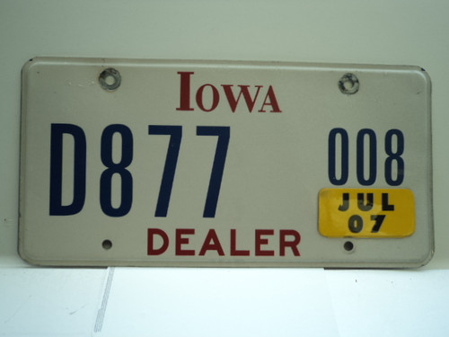 2007 IOWA Dealer License Plate  D877 008