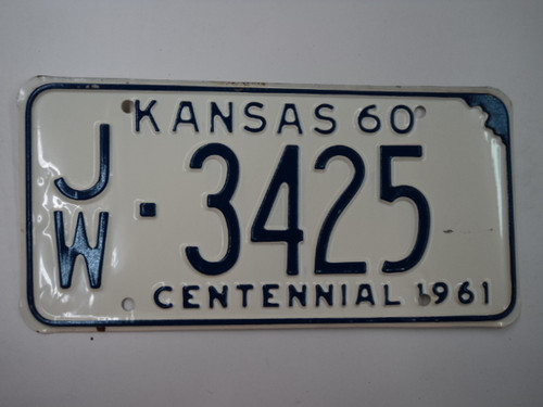 1960 KANSAS 1961 Centennial License Plate JW 3425