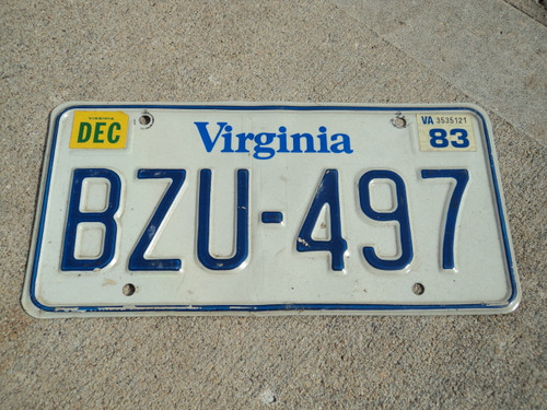 1983 VIRGINIA License Plate BZU 497