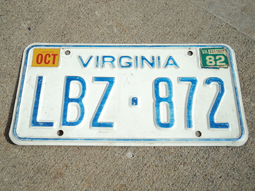 1982 VIRGINIA License Plate LBZ 872