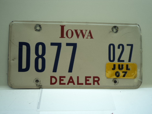 2007 IOWA Dealer License Plate  D877 027