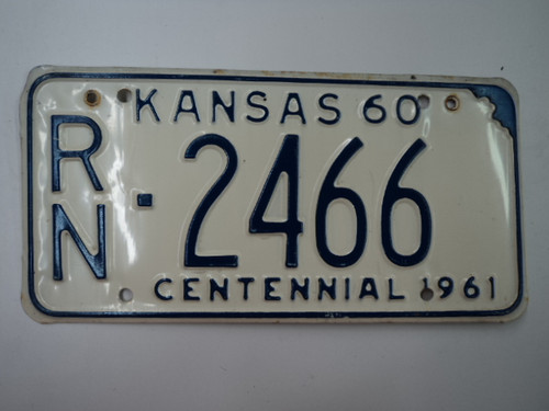 1960 KANSAS 1961 Centennial License Plate RN 2466