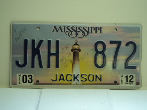 2012 MISSISSIPPI Lighthouse License Plate JKH 872