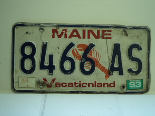 1993 MAINE Lobster Vacationland License Plate 8466 AS