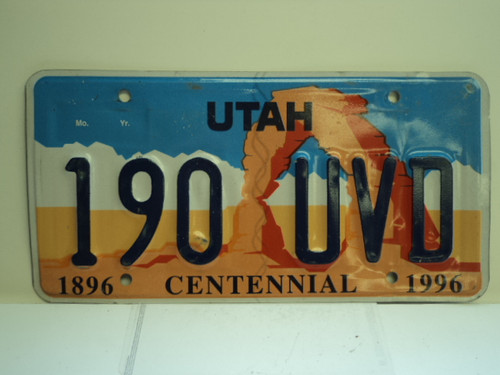 UTAH Centennial 1896 1996 License Plate 190 UVD
