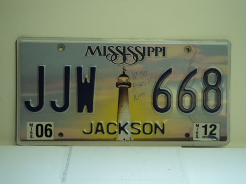 2012 MISSISSIPPI Lighthouse License Plate JJW 668