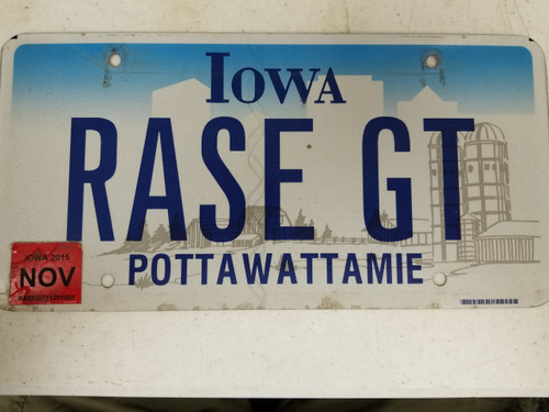2015 Iowa Pottawattamie County License Plate RASE GT Vanity