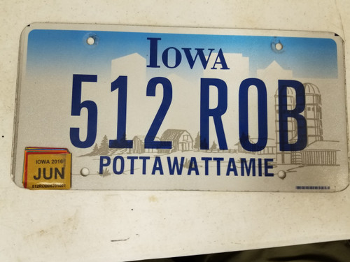 2016 Iowa Pottawattamie County License Plate 512 ROB Robert Robbie Bob