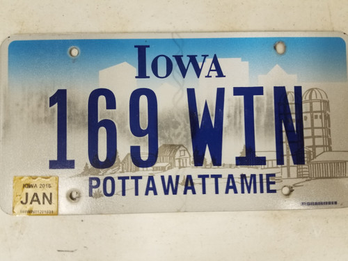 2016 Iowa Pottawattamie County License Plate 169 WIN Winner